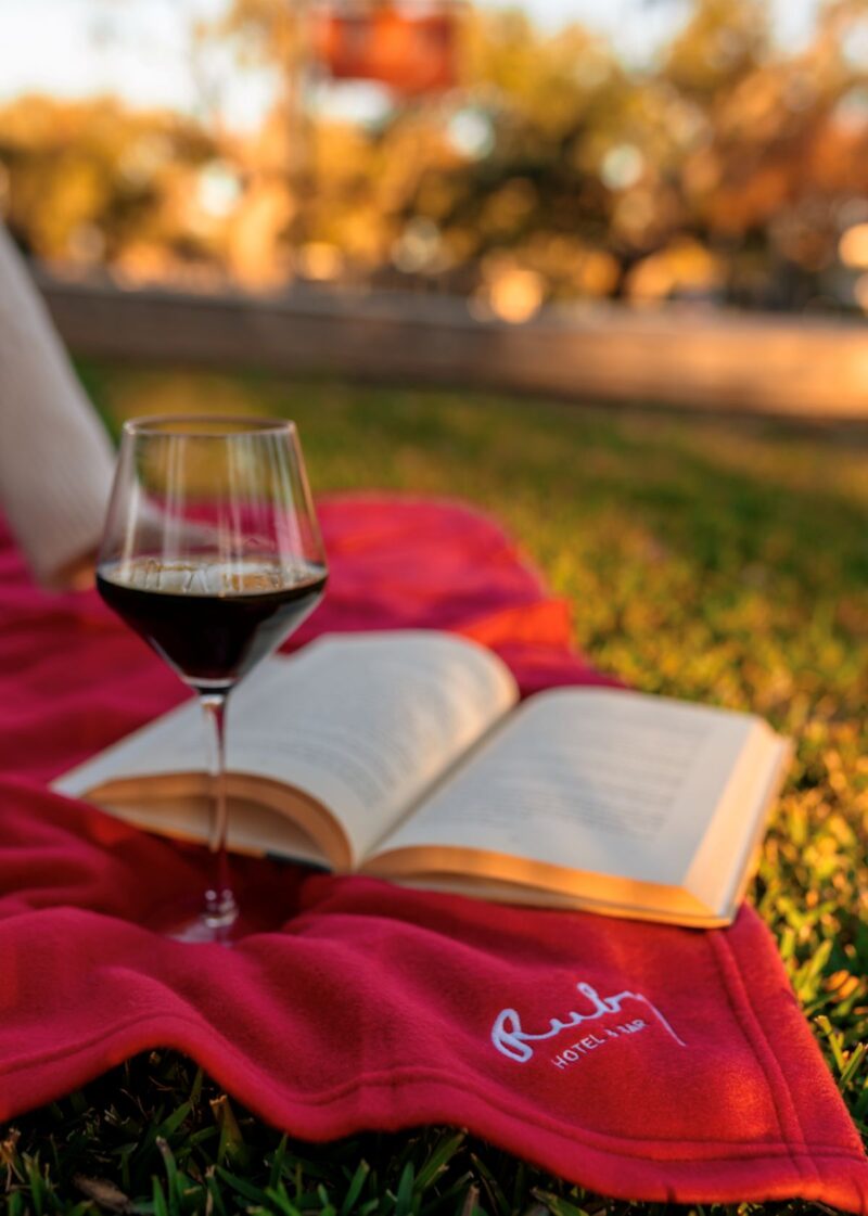 a book, wine, red blanket, ruby hotel